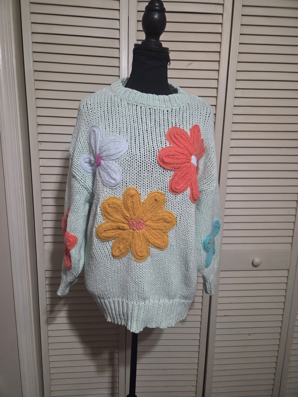 Katydid Mint Crewneck Sweater with Multicolor Floral Appliqués